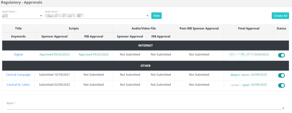 Study-Specific Ad approval management in regulatory management.