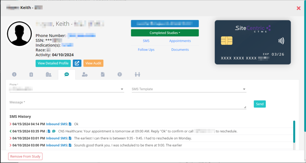 SiteCentric CTMS Patient Text Messaging